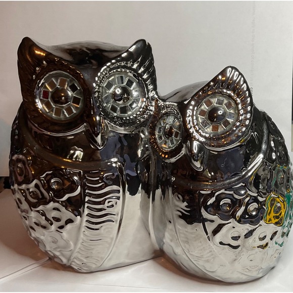 Other - Chrome-Silver Double Owl Couple Figurine Mirrored,High-Shine Glazed Mosaic Eyes